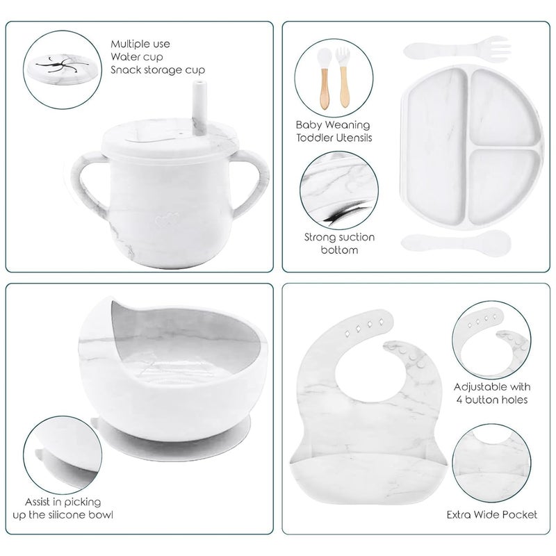 Dormlony 9pc BPA Free Silicone Baby Feeding Set - White: Suction Bowl, Divided Plate, Sippy Cup, Bib, Spoons, Forks - Baby Eating Utensils - Image 3